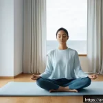 Home 19 지식의 한계를 인식하는 명상법 - A serene indoor meditation scene featuring a young adult sitting cross-legged on a soft cushion in a...
