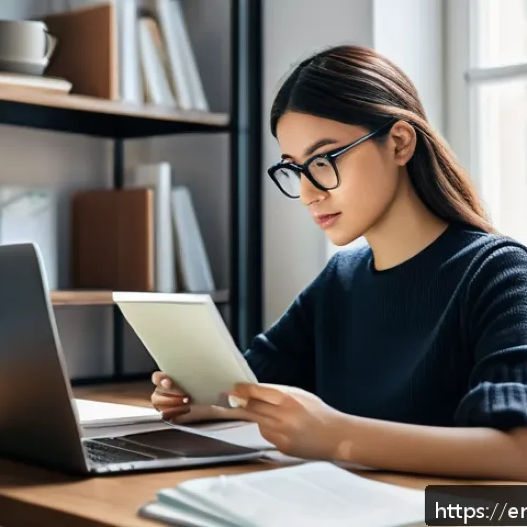 지식의 한계와 소셜 미디어 활용 - A modern home office scene featuring a young professional woman attentively reading articles on her ...