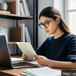 Home 18 지식의 한계와 소셜 미디어 활용 - A modern home office scene featuring a young professional woman attentively reading articles on her ...