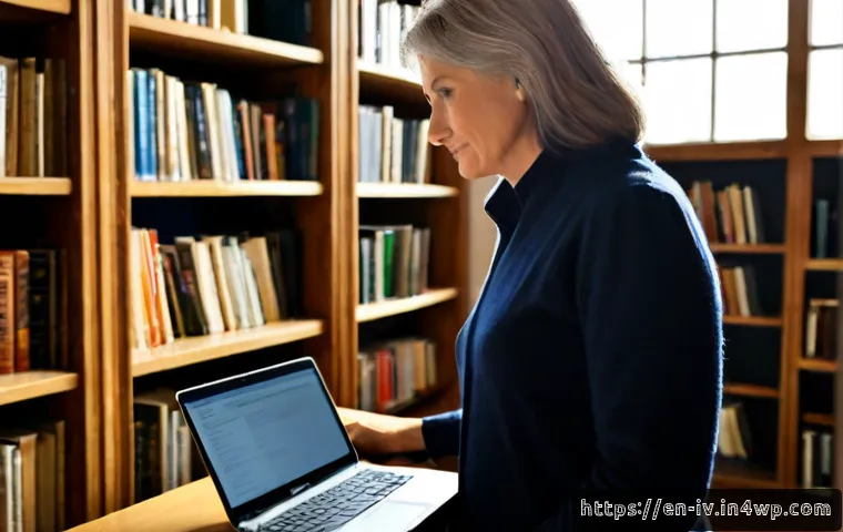 지식의 한계를 인식한 후 변화한 삶 - Photorealistic scene of a thoughtful middle-aged woman standing in a quiet public library, gently se...